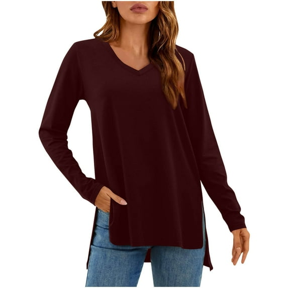 biudgviw Fall Tops for Women Crew Neck Solid Color Basic Tee Shirts Long Sleeve Comfortable Side Split Trendy Tunic Blouses