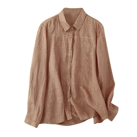 biudgviw Fall Tops for Women Lapel Neck Cotton Linen Button down Shirts Floral Embroidery Long Sleeve Casual Blouses