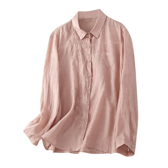 biudgviw Fall Tops for Women Lapel Neck Cotton Linen Button down Shirts Floral Embroidery Long Sleeve Casual Blouses