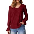 thumbnail image 1 of biudgviw Fall Tops for Women Trendy V Neck Ruffle Long Sleeve Solid Color Shirts Lounge Vacation Basic T-Shirts, 1 of 6