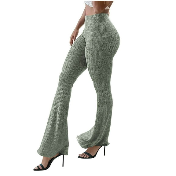 biudgviw Flare Leggings for Women Ribbed Knit Wide Leg Pants Casual Comfy Soft High Waisted Bell Bottom Pants Fashion Clothing