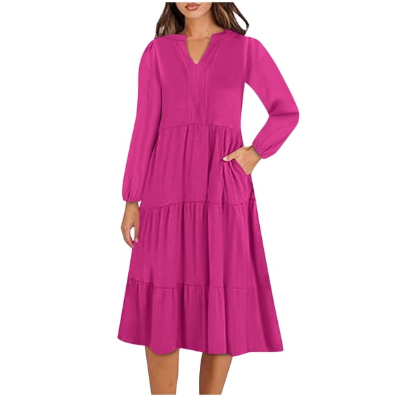 biudgviw Flowy Dresses for Women Fall Soft Long Sleeve V Neck Midi Dress Lounge Tiered Pleated Vacation Beach Dress with Pockets