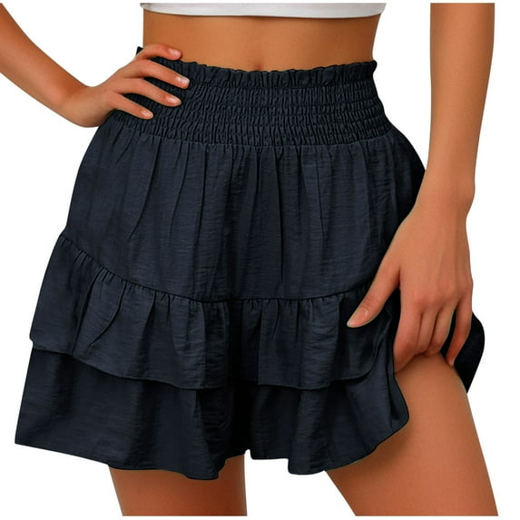biudgviw Flowy Shorts for Women Smocked High Waisted Golf Tennis Shorts Ruffle Layered Boho Summer Beach Vacation Shorts