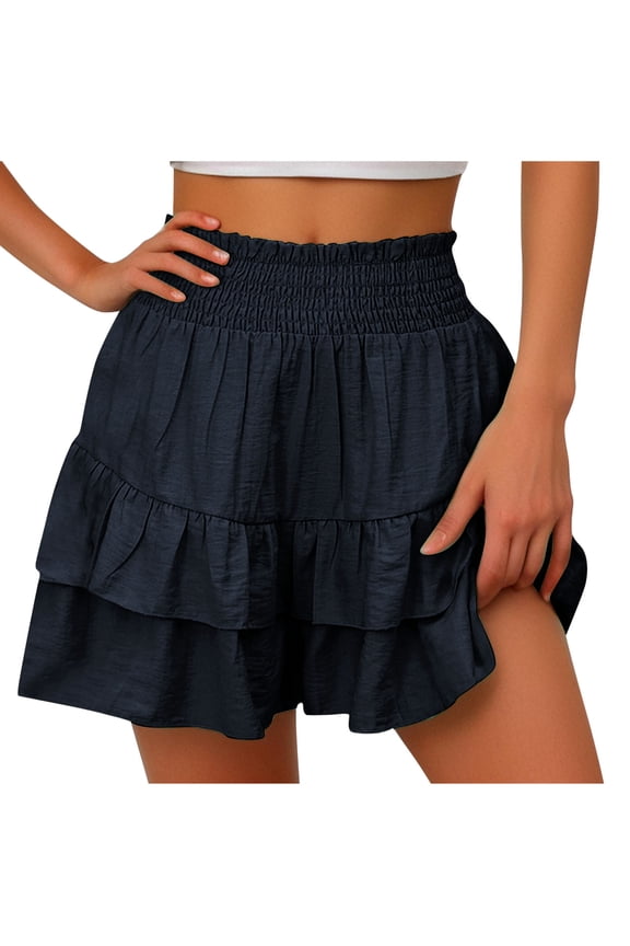 Flowy Shorts for Women Smocked High Waisted Golf Tennis Shorts Ruffle Layered Boho Summer Beach Vacation Shorts
