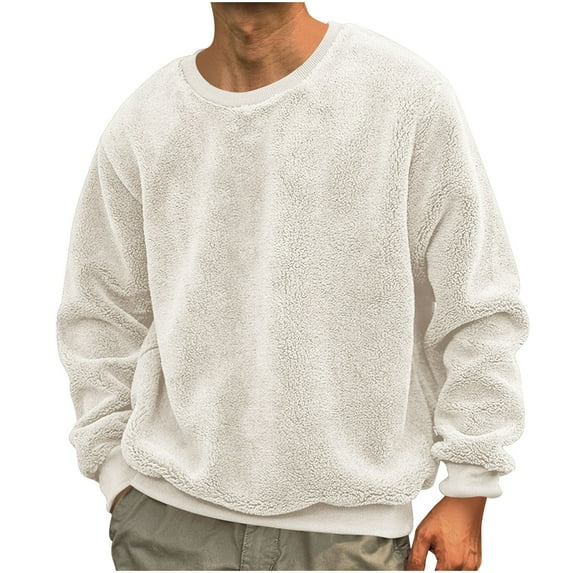 biudgviw Fuzzy Sweatshirt for Men Warm Casual Long Sleeve Pullover Sweatshirt Loose Crewneck Solid Color Basic Shirts