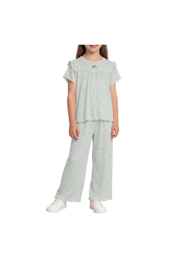 Girls 2 Piece Outfit Toddler Baby Ruffle Hem Short Sleeve Tops and Wide Leg Pants Set with Bow Comfy Summer Clothes