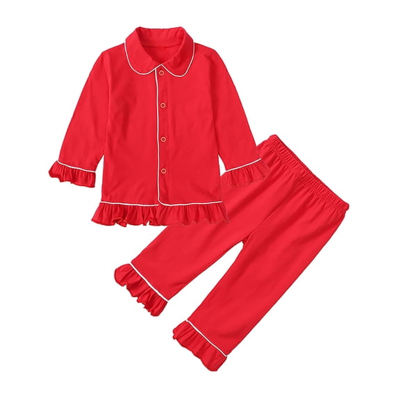 biudgviw Girls 2 Piece Outfits Cotton Long Sleeve Collared Ruffle Buttons down Shirts Comfy Straight Leg Pants Children Lounge Sets