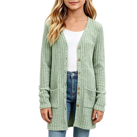 biudgviw Girls Button Down Cardigan Kids Long Sleeve Knit Sweater Comfy Ribbed Knit Outerwear with Pockets for Fall(Green,11-12 Years)