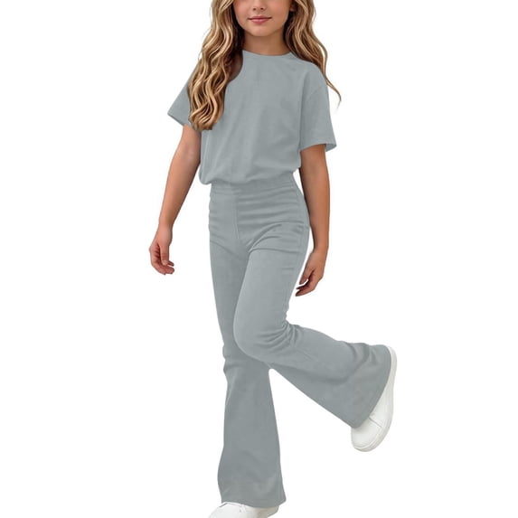 biudgviw Girls Clothes 2 Piece Outfits Summer Crewneck Short Sleeve T Shirts with Flare Pants Casual Clothing Set 5-15 Years