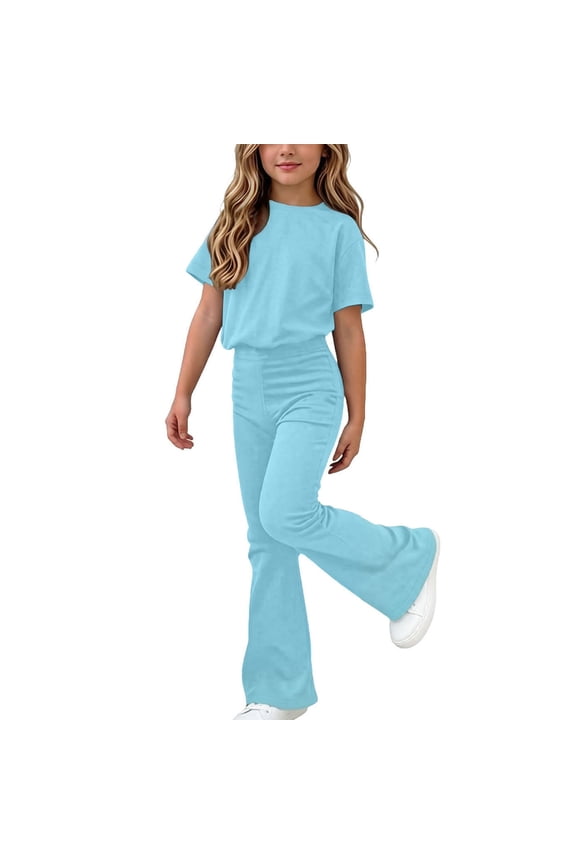 Girls Clothes 2 Piece Outfits Summer Crewneck Short Sleeve T Shirts with Flare Pants Casual Clothing Set 5-15 Years