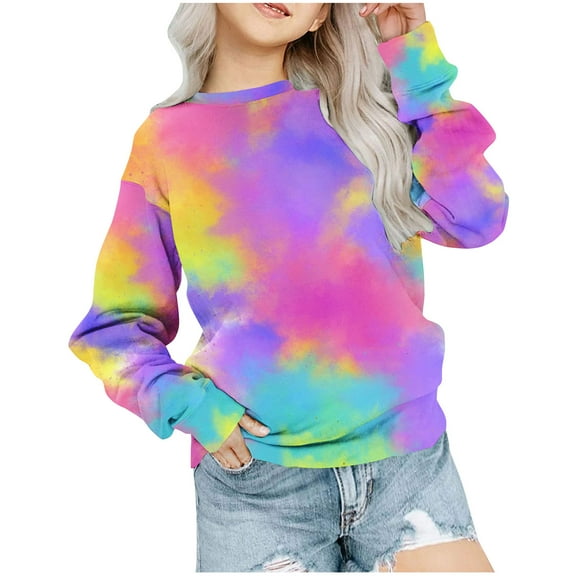 biudgviw Girls Fashion Sweatshirt Loose Long Sleeve Crewneck Tie-Dye Pullover Shirts Fall Cute Blouses Tops for 1-12 Years