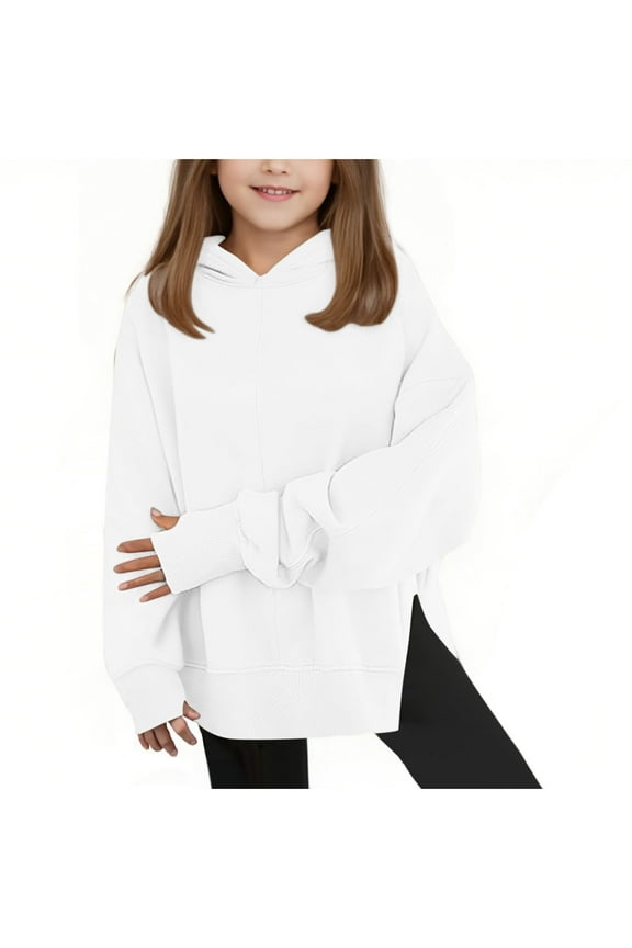 Girls Hoodies Side Split Long Sleeve Cute Sweatshirt Casual Loose Drop Shoulder Hooded Tops with Thumb Holes Fall Outfits