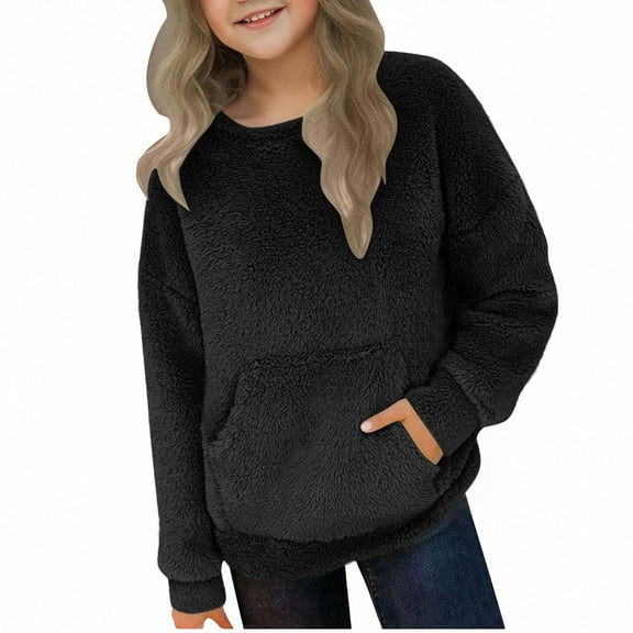 biudgviw Girls Long Sleeve Shirts Fleece Sherpa Winter Tops Comfy Casual Crew Neck Pullover Tops with Pocket for Cold Weather
