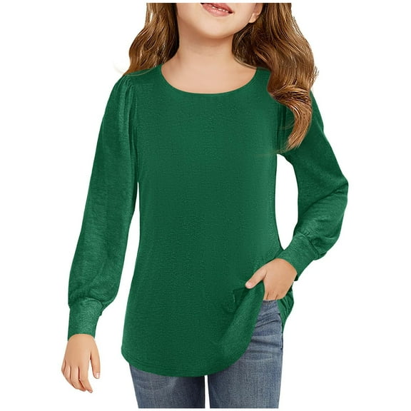 biudgviw Girls Long Sleeve Shirts Kids Loose Fit Crew Neck Basic Tees Comfy Soft Pleated Casual Blouses Fall Outfits