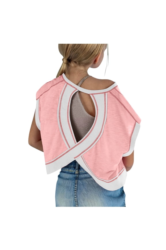 Girls Open Back Workout Tops Casual Short Sleeve Yoga T-Shirts Soft Cotton Crew Neck Cute Shirts with Thumb Holes Kids Gym Clothes