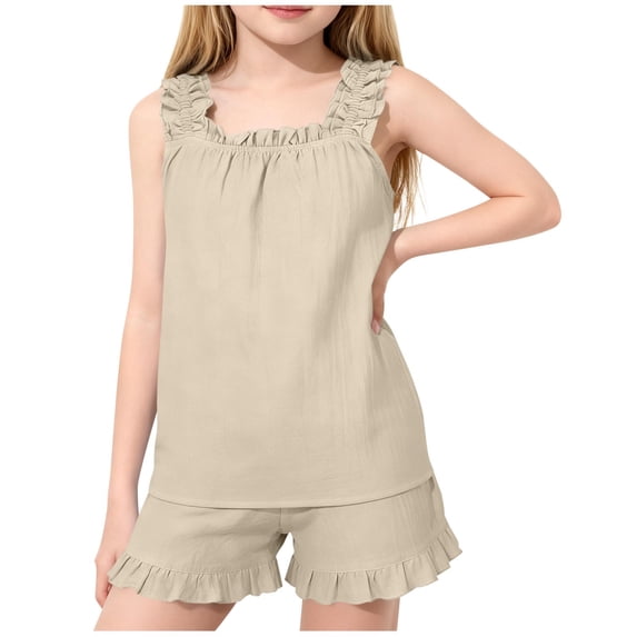 biudgviw Girls Summer Outfits 2 Piece Ruffle Square Neck Tank Tops with Shorts Clothing Set for Beach Vacation Size 5-16