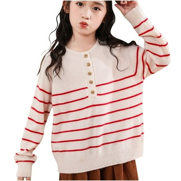 biudgviw Girls Sweaters Cotton Striped Knit Blouses Tops Long Sleeve Crew Neck Childrens Pullover Shirts for 4-16 Years