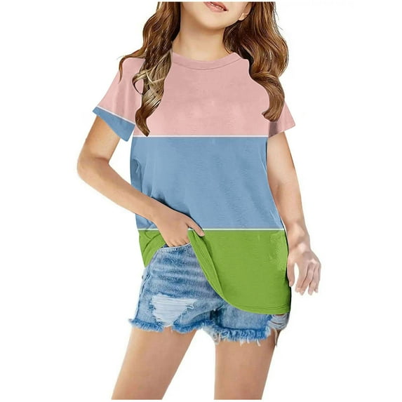 biudgviw Girls T-Shirts Casual Summer Short Sleeve Color Block Blouse Shirts Children's Fashion Tunic Tops for 3- 12 Years