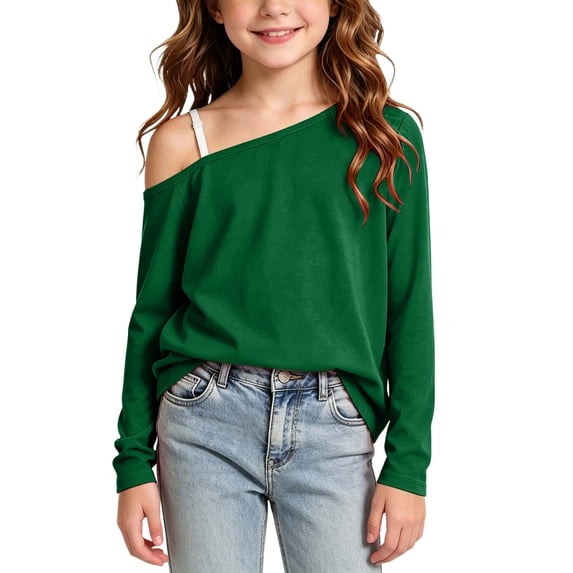 biudgviw Girls off the Shoulder Top Casual Long Sleeve T-Shirts Kids Loose Comfy Basic Tees Cute Clothes for Teens(Green,12-13 Years)