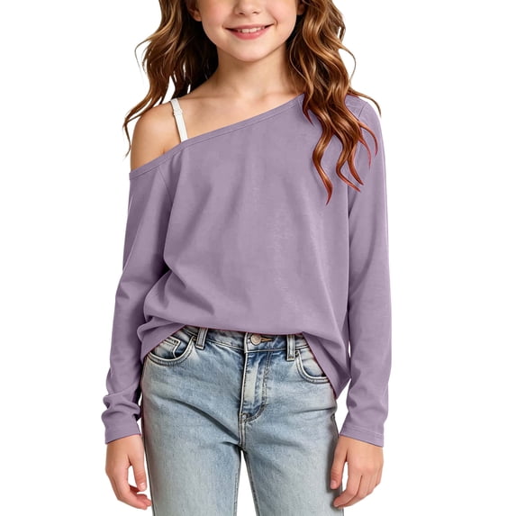 biudgviw Girls off the Shoulder Top Casual Long Sleeve T-Shirts Kids Loose Comfy Basic Tees Cute Clothes for Teens(Purple,4-5 Years)