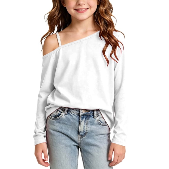 biudgviw Girls off the Shoulder Top Casual Long Sleeve T-Shirts Kids Loose Comfy Basic Tees Cute Clothes for Teens(White,14-15 Years)