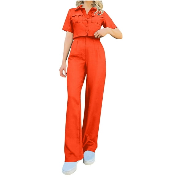 biudgviw Going out Sets for Women Fashion Crop Short Sleeve Lapel Buttons Jackets Loose Straight Leg Pants Trendy Outfits