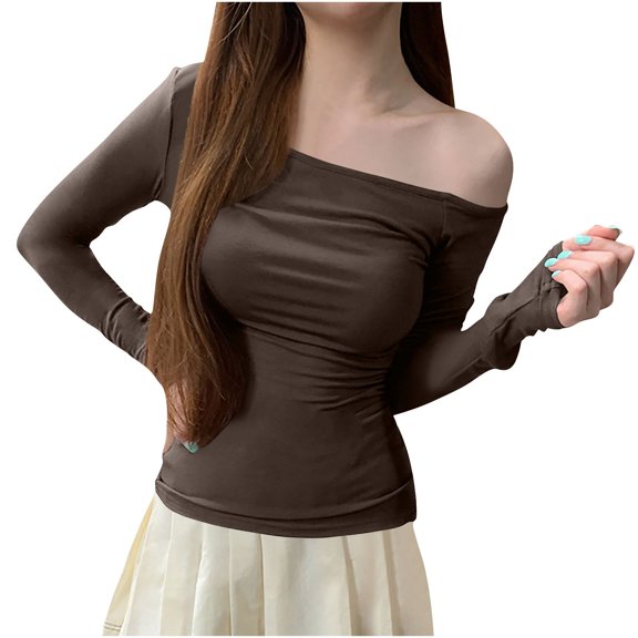 biudgviw Going out Tops for Women off the Shoulder Slim Stretch Night out Shirts Long Sleeve Plain Trendy Fall Clothes