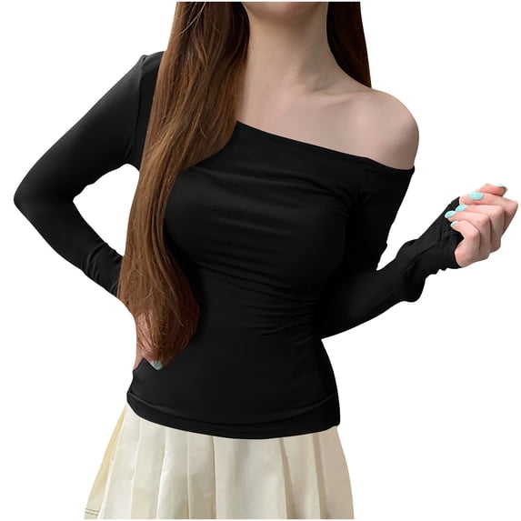 biudgviw Going out Tops for Women off the Shoulder Slim Stretch Night out Shirts Long Sleeve Plain Trendy Fall Clothes