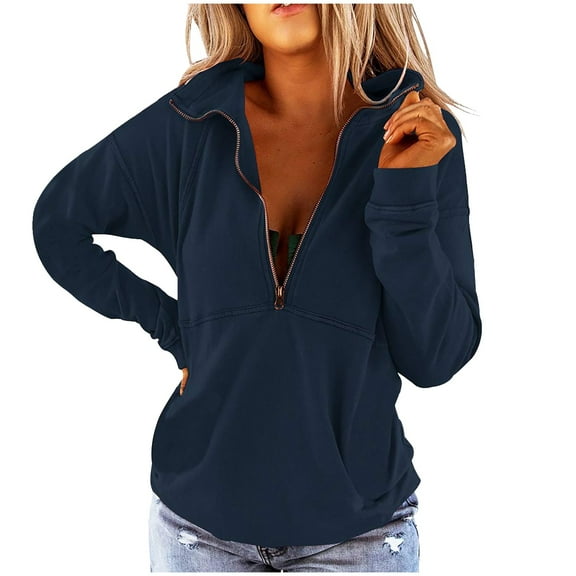 biudgviw Half Zip Sweatshirt for Women Lapel Neck Long Sleeve Pullover Tops Lightweight Casual Thumb Hole Tops with Pocket