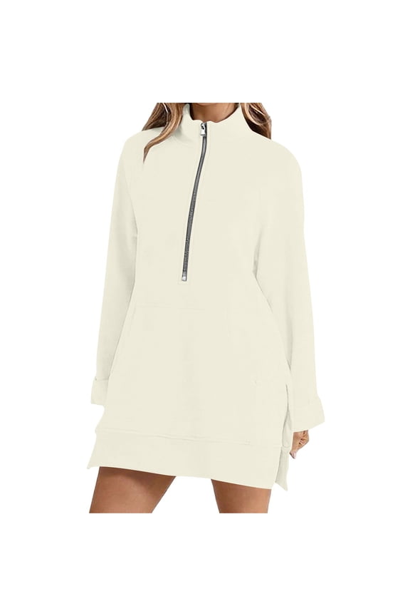 Half Zip Sweatshirt for Women Side Split Stand Collar Long Pullover Shirts Casual Long Sleeve Oversized Tops with Pocket