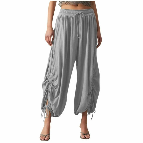 biudgviw Harem Pants for Women Elastic Waisted Capri Pants Loose Fit Drawstring Bloomer Cropped Pants Boho Beach Vacation Capris