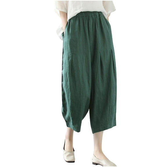 biudgviw Harem Pants for Women High Waisted Capri Pants Wide Leg Bloomer Pants with Pockets Beach Vacation Cropped Trousers(Green,Medium)