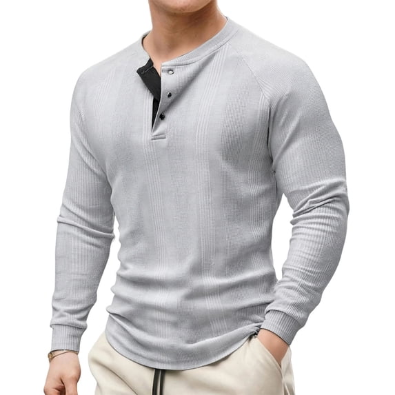 biudgviw Henley Shirts for Men Long Sleeve Casual Button T-Shirt Textured Stylish Slim Fit Tops Lightweight Knit Pullover