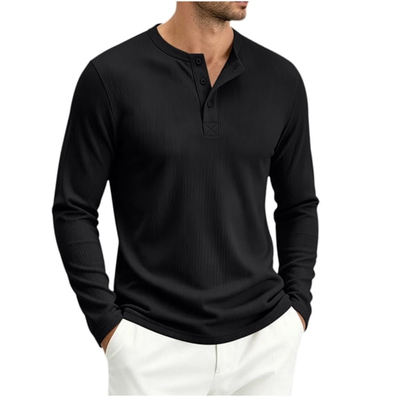 biudgviw Henley Shirts for Men Long Sleeve Ribbed Knit Button T-Shirt Casual Stylish Loose Fit Tops Fall Clothes Comfy Undershirts(Black,3X-Large)