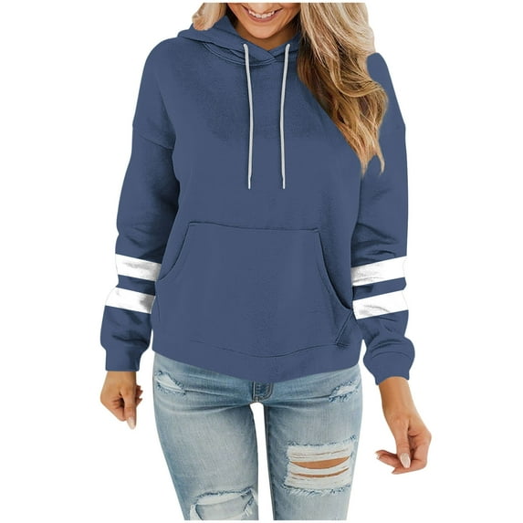 biudgviw Hoodies for Women Fall Winter Plus Size Color Block Long Sleeve Drawstring Pullover Tops Casual Trendy Tops with Pocket