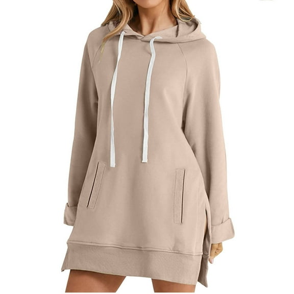 biudgviw Hoodies for Women Winter Oversized Long Sleeve Drawstring Pullover Tops Casual Side Split Hooded Sweatshirts with Pockets