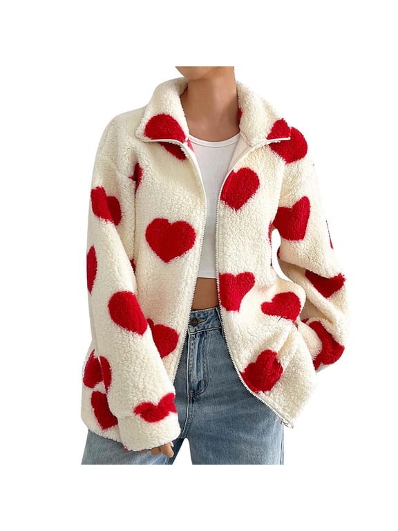 Jackets for Women Fleece Fuzzy Zip up Long Sleeve Outwear Comfy Lightweight Winter Warm Lapel Heart Print Coats with Pockets