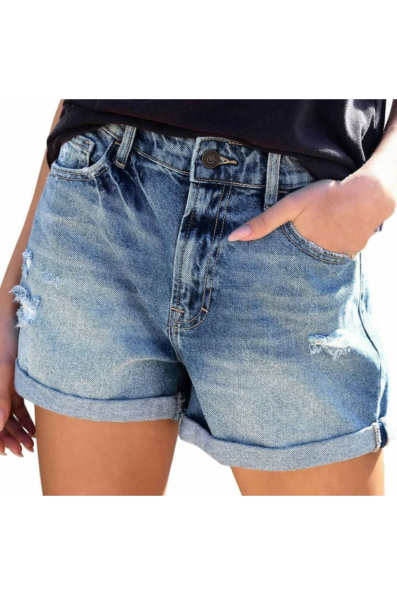 Jean Shorts for Women Ripped High Waisted Cuffed Hem Denim Shorts Wide Leg Stetchy Lounge Streetwear Casual Shorts with Pockets