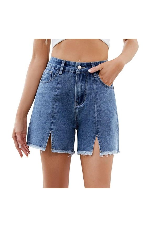 Jeans for Women High Rise Baggy Button Stretch Denim Shorts Summer Casual Straight Jeans Side Slit Shorts