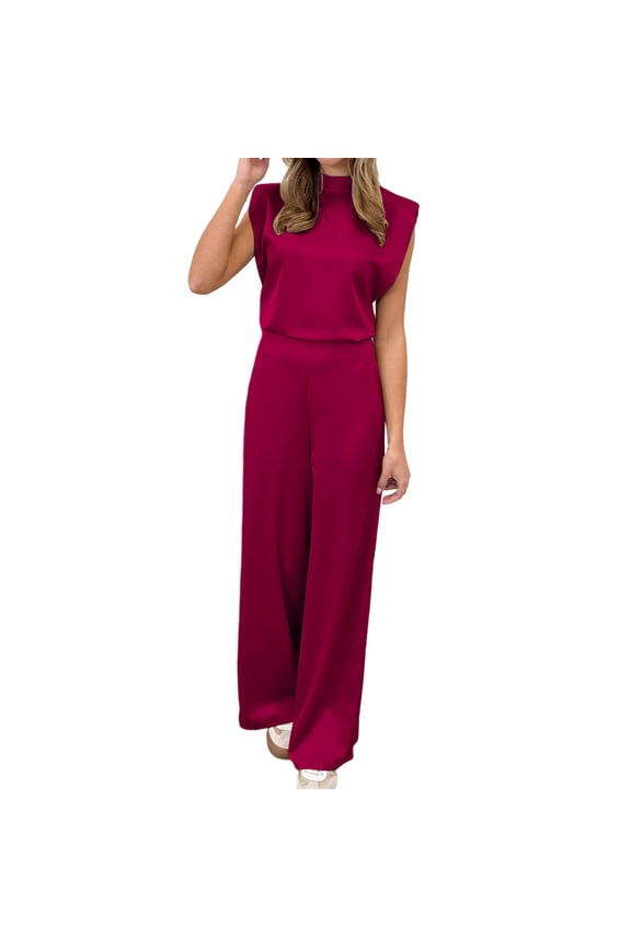 Jumpsuist for Women High Neck Cap Sleeve T Shirts One Piece Wide Leg Palazzo Pants Rompers Summer Beach Vacation Outfits(Wine,Small)