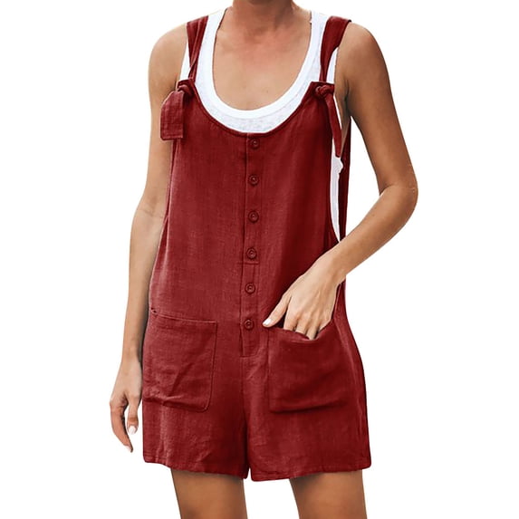 biudgviw Jumpsuits for Women U Neck Adjustable Strap Button Cotton Linen Short Overalls Casual Summer Beach Vacation Rompers with Pockets