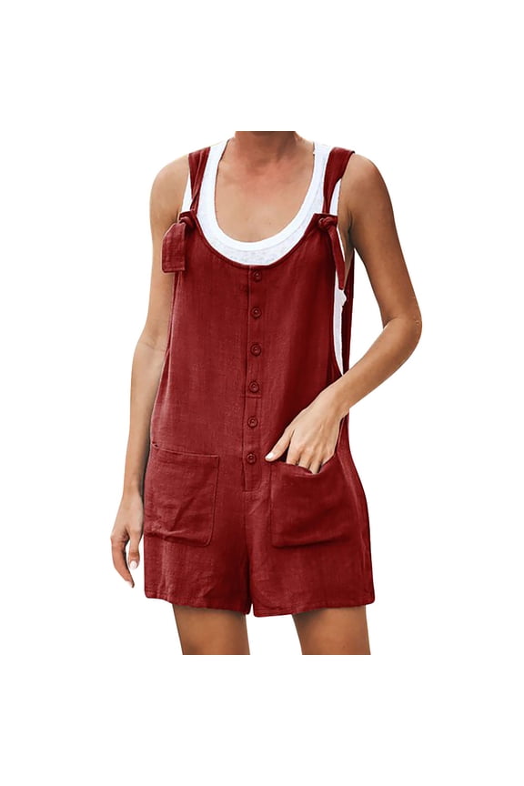 Jumpsuits for Women U Neck Adjustable Strap Button Cotton Linen Short Overalls Casual Summer Beach Vacation Rompers with Pockets