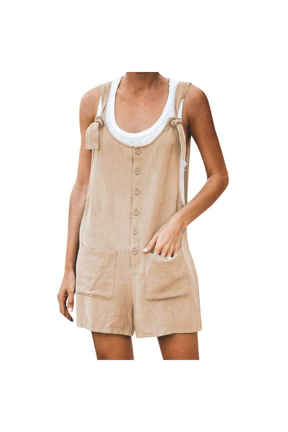 Jumpsuits for Women U Neck Adjustable Strap Button Cotton Linen Short Overalls Casual Summer Beach Vacation Rompers with Pockets