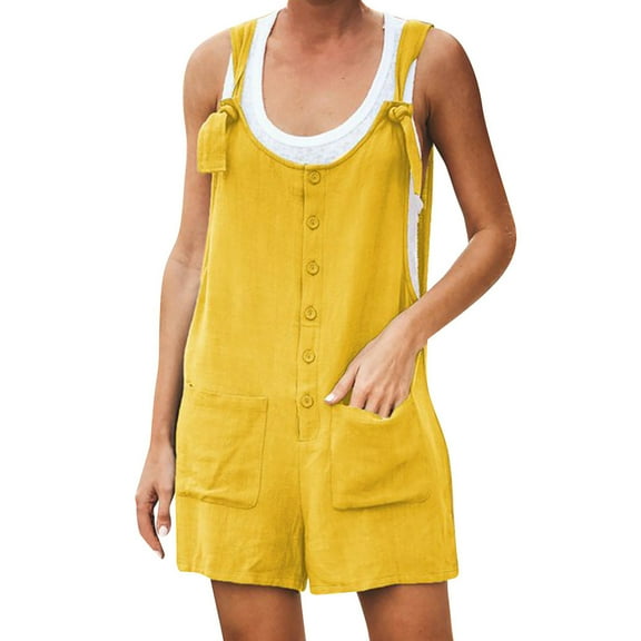 biudgviw Jumpsuits for Women U Neck Adjustable Strap Button Cotton Linen Short Overalls Casual Summer Beach Vacation Rompers with Pockets