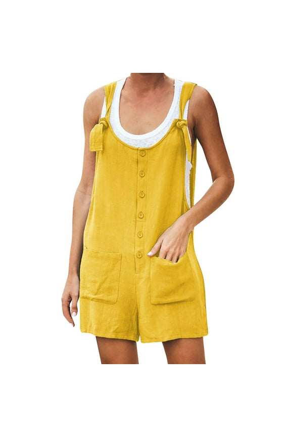 Jumpsuits for Women U Neck Adjustable Strap Button Cotton Linen Short Overalls Casual Summer Beach Vacation Rompers with Pockets