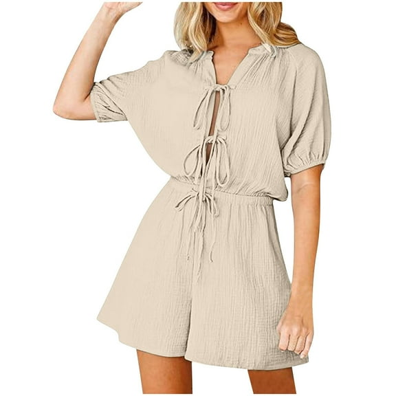 biudgviw Jumpsuits for Women U Neck Short Sleeve Front Tie Knot Rompers One Piece Wide Leg Summer Beach Vacation Outfits