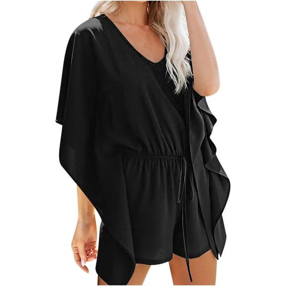 biudgviw Jumpsuits for Women V Neck Ruffle Sleeve Short Rompers Drawstring Waisted Elegant One Piece Flowy Summer Beach Vacation Outfits