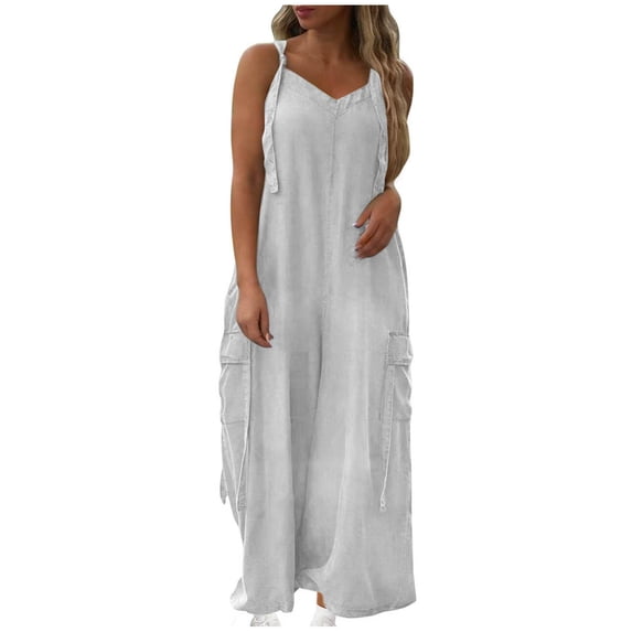 biudgviw Jumpsuits for Women V Neck Sleeveless One Piece Oversized Wide Leg Cargo Pants Rompers Summer Outfits with Pockets