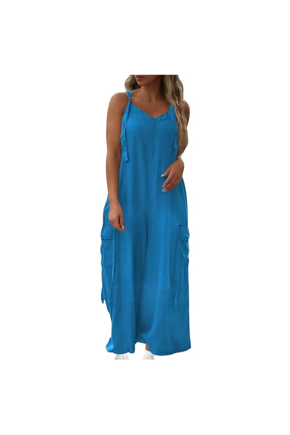 Jumpsuits for Women V Neck Sleeveless One Piece Oversized Wide Leg Cargo Pants Rompers Summer Outfits with Pockets