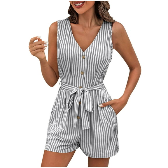 biudgviw Jumpsuits for Women V Neck Sleeveless Tank Tops Rompers Striped Front Tie Knot Waisted One Piece Summer Outfits with Pockets